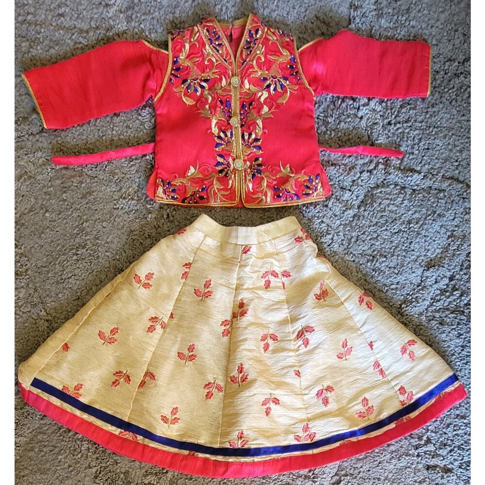 Girls Silk Blend Gold Pink Lehenga Top / Skirt Set Child Size 4/6